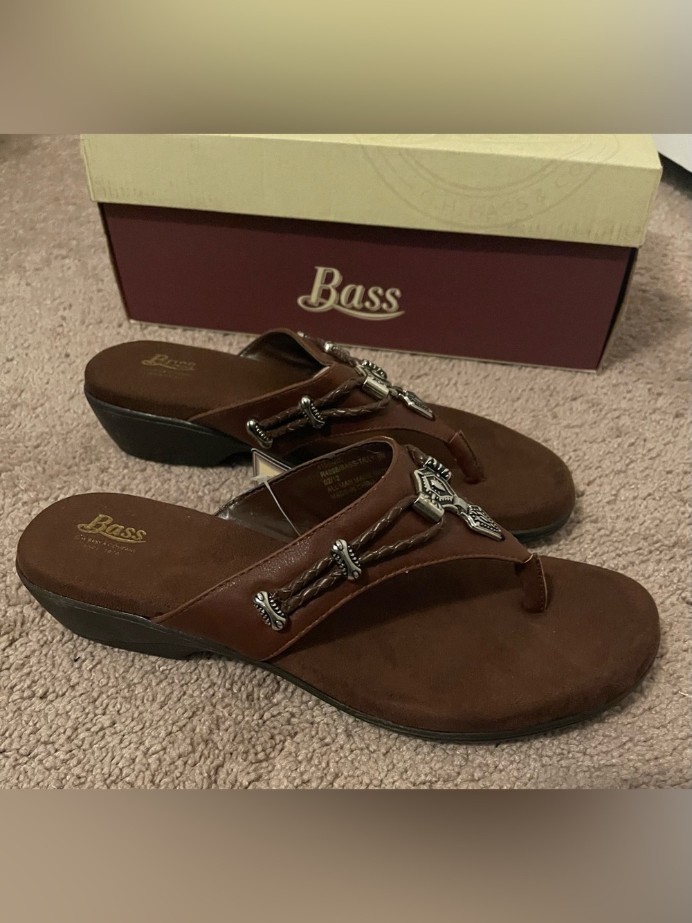 Bass Brown Leather Thong Sandals with Silver-Tone Hardware